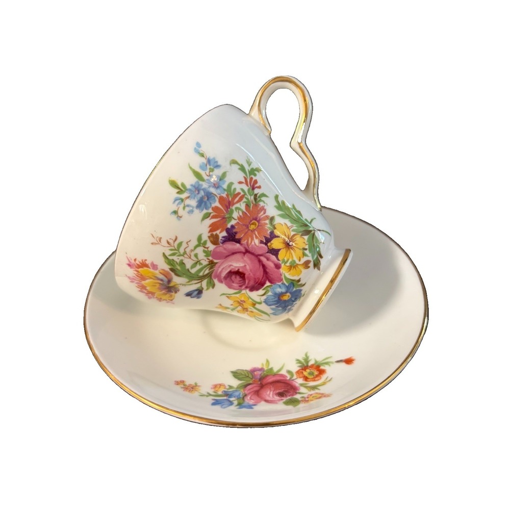 Vintage Clare Bone China England Teacup Saucer Floral Roses Gold Trim Footed
